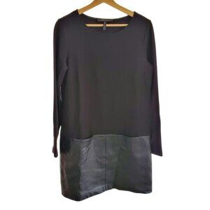 BCBGMAXAZRIA Black Knit Dress Faux Leather Panel Small Long Sleeve Mini